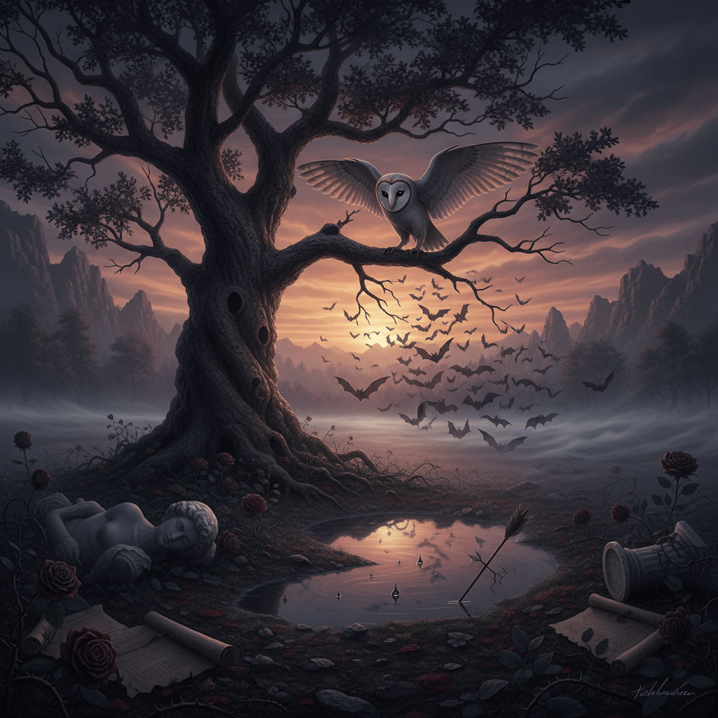 A barn owl perched on an ancient tree with bats flying into a sunset.