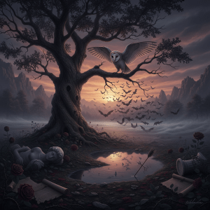 A barn owl perched on an ancient tree with bats flying into a sunset.